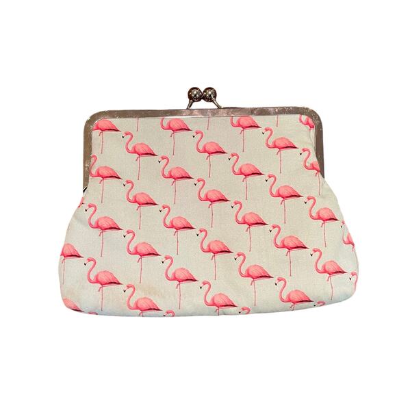 VTG Flamingo Clutch / Handbag / Coin Purse, Pink, Pastel Blue, Silver Chain - Picture 2 of 9
